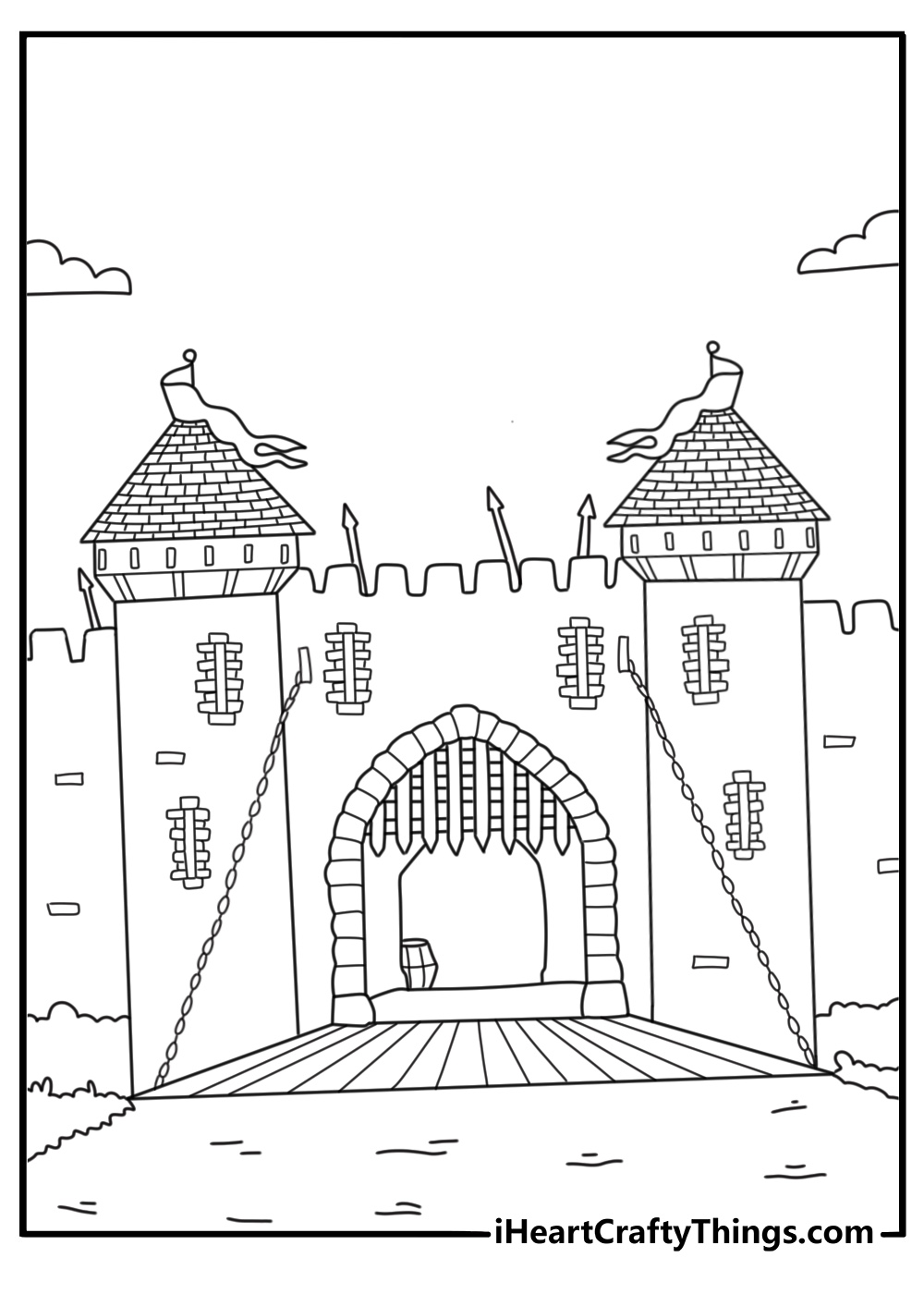 Portcullis gate castle courtyard scene with well and barrels printable pdf