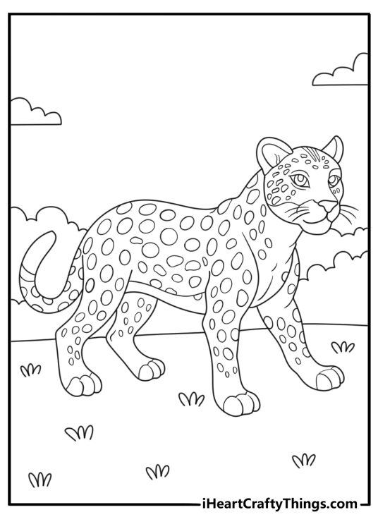 Preschool jaguar coloring sheet with bold lines and wide paws