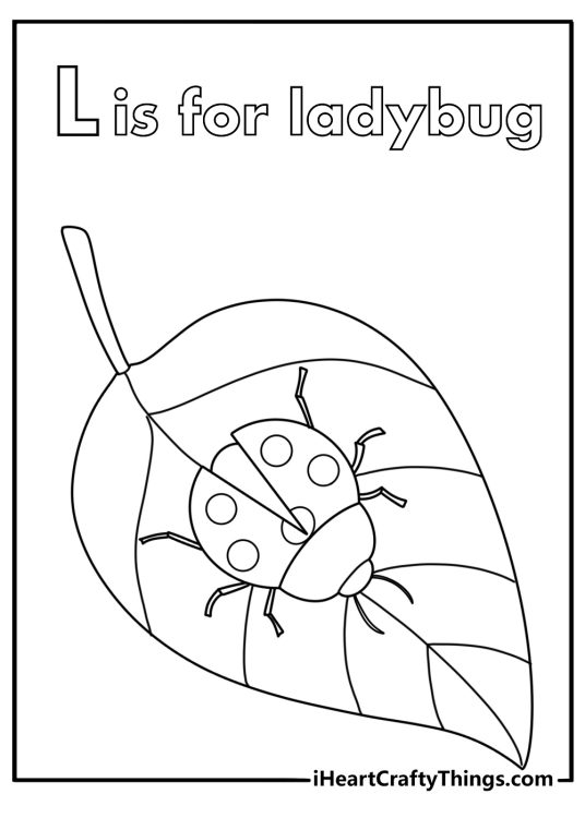 Preschool letter L coloring pages with a ladybug on a leaf