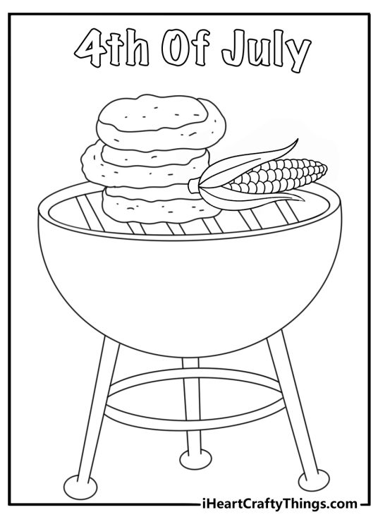 Printable 4th of July coloring page of a barbecue grill with corn and burgers