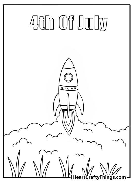 Printable 4th of July coloring page of a rocket launch over a field