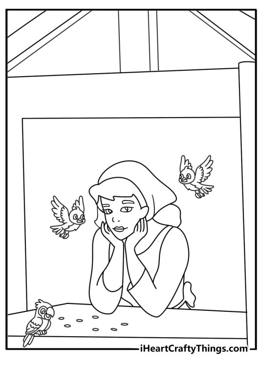 Printable Cinderella coloring page with Cinderella feeding birds by a window