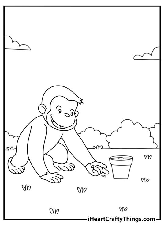 Printable Curious George coloring page of George planting seeds in flower pots