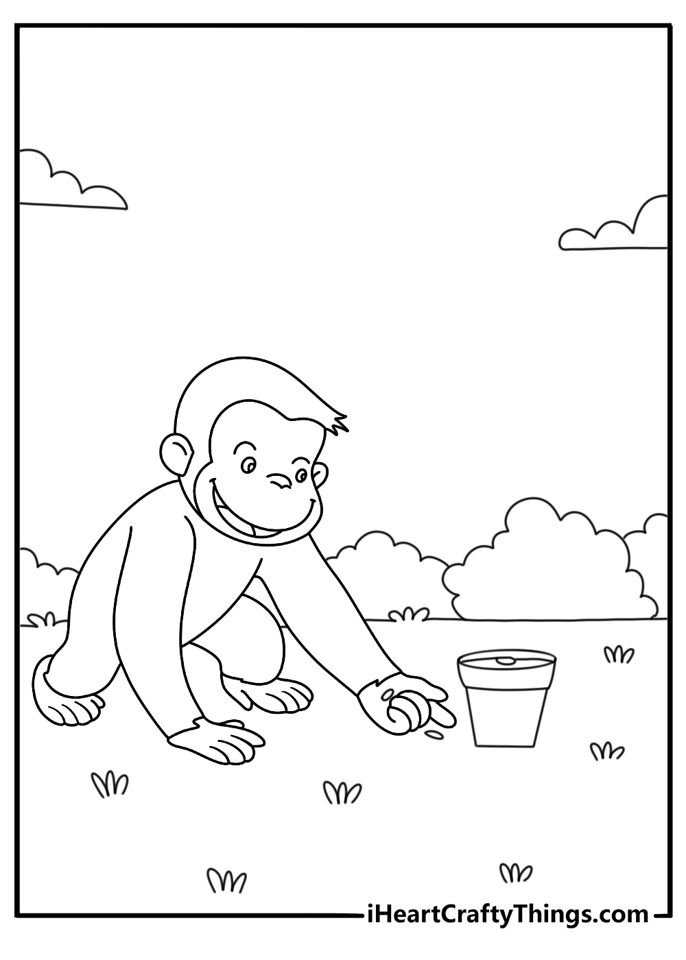 Printable Curious George coloring page of George planting seeds in flower pots