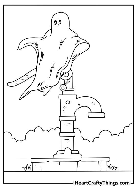 Printable Halloween page featuring a ghost near an old water pump