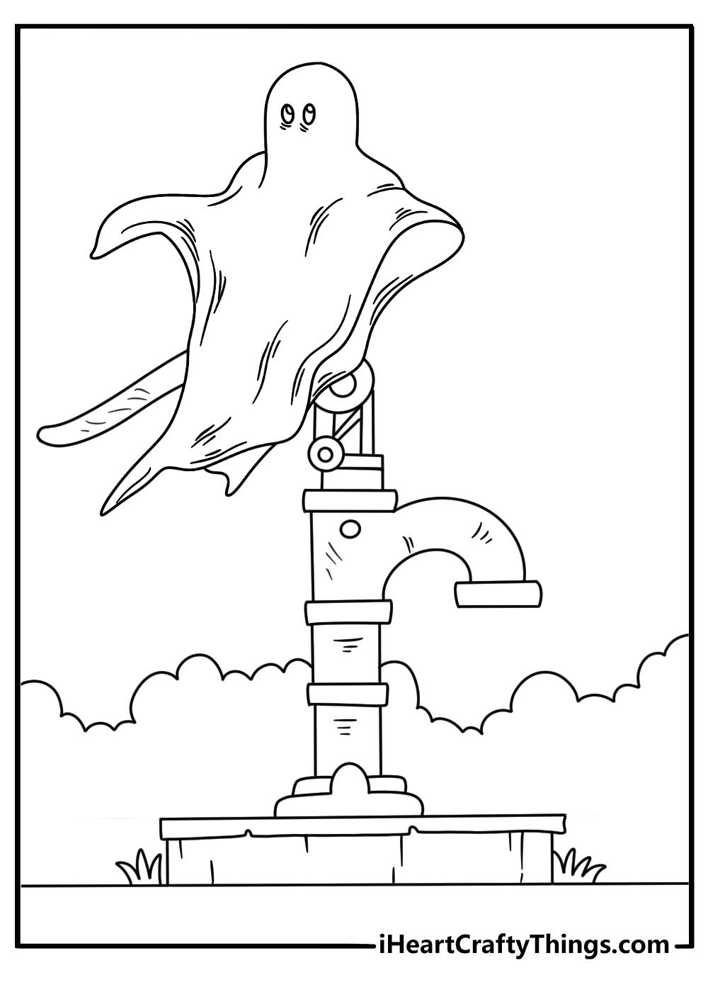Printable Halloween page featuring a ghost near an old water pump