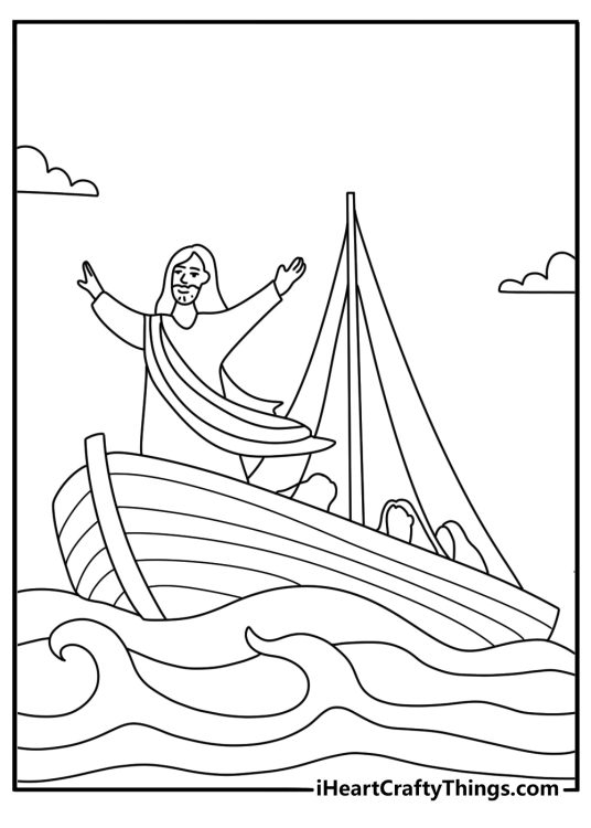 Printable Jesus coloring page of Jesus calming the storm from a fishing boat