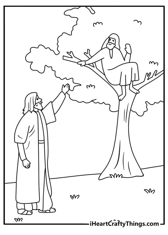 Printable Jesus coloring page with Jesus and Zacchaeus in a sycamore tree
