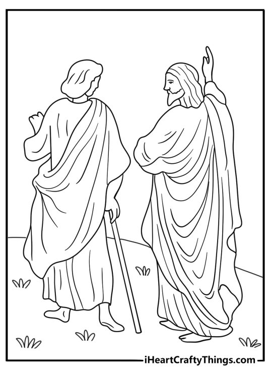 Printable Jesus coloring pages scene with Jesus on the road to Emmaus
