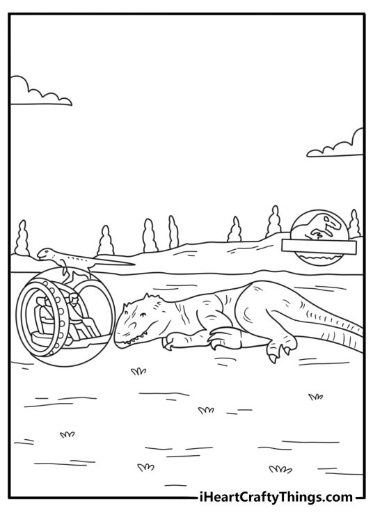 Printable Jurassic World coloring page with a Gyrosphere rolling past dinosaurs