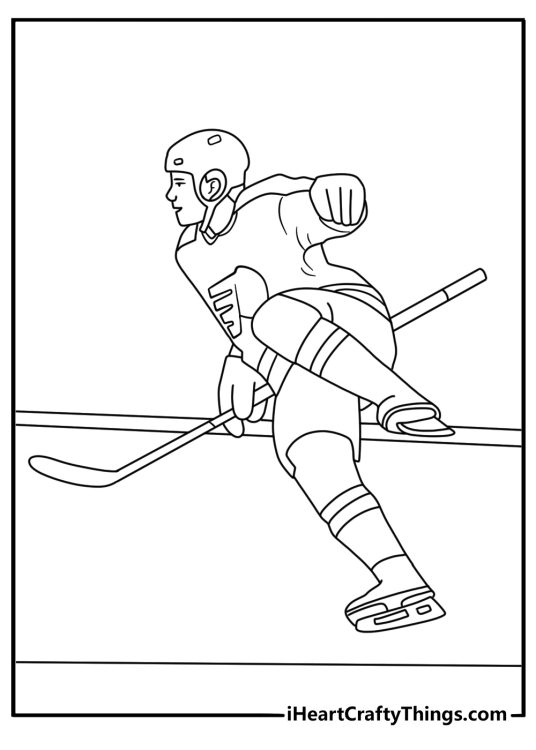 Printable NHL coloring page featuring a player changing lines at the bench