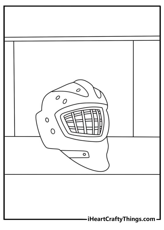 Printable NHL coloring page with a goalie mask beside the crease