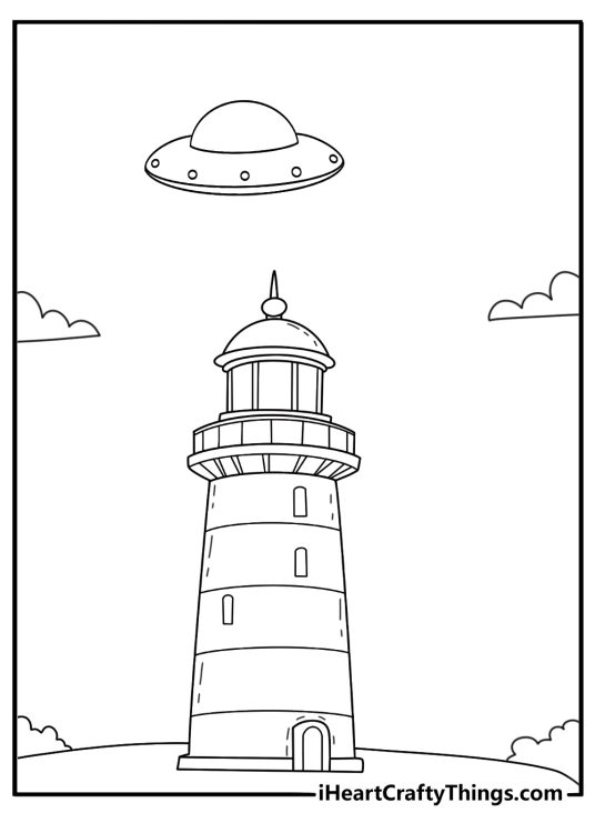 Printable UFO sheet featuring a saucer hovering above an old lighthouse