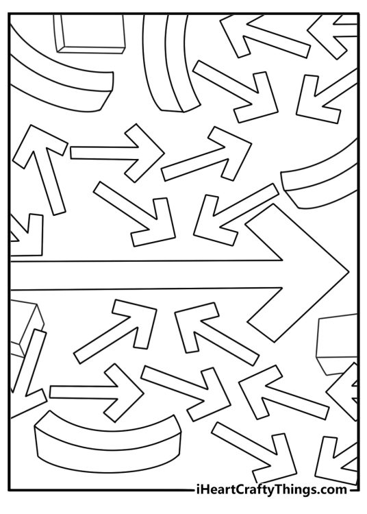 Printable abstract coloring page with scattered arrows and curved blocks