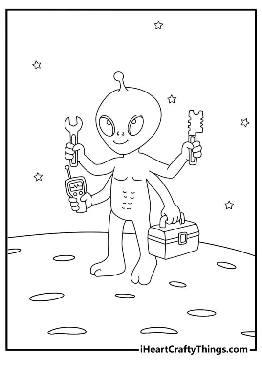 Printable alien picture featuring a four armed visitor carrying space tools