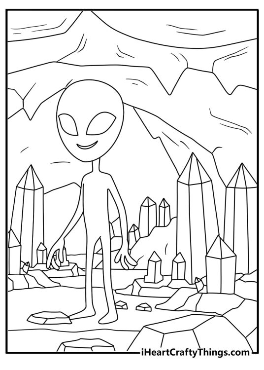 Printable alien scene with a space creature beside a crystal cave