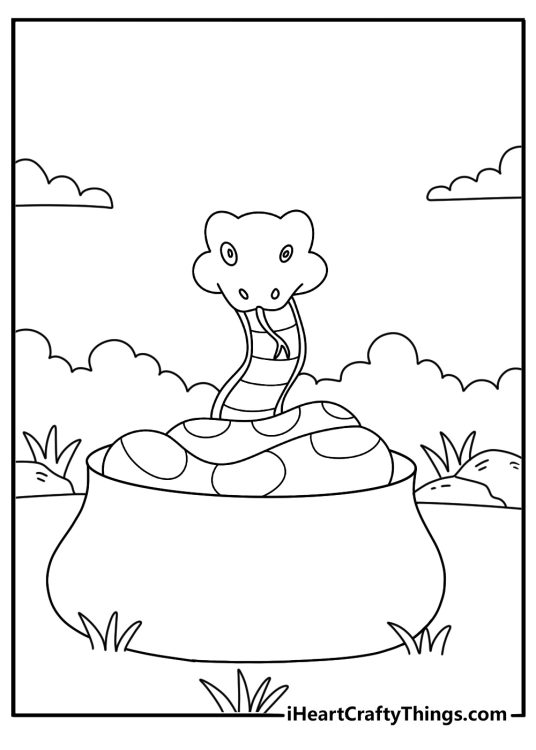Printable animal coloring page showing a snake curled beside a clay pot