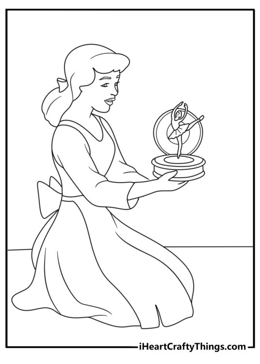 Printable coloring page of Cinderella opening a music box in her room