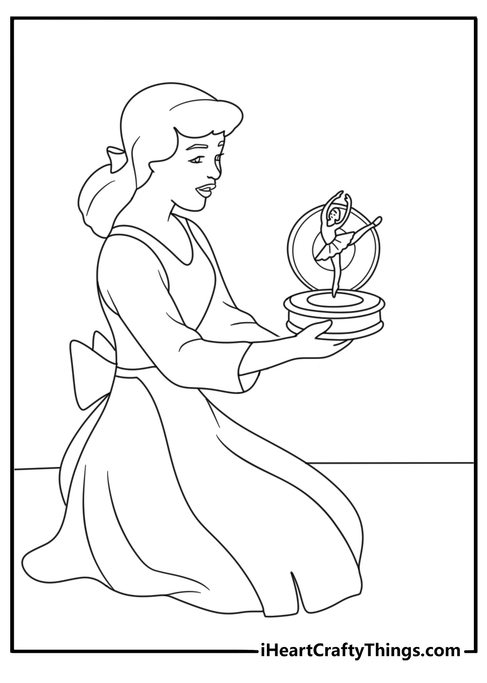 Printable coloring page of Cinderella opening a music box in her room
