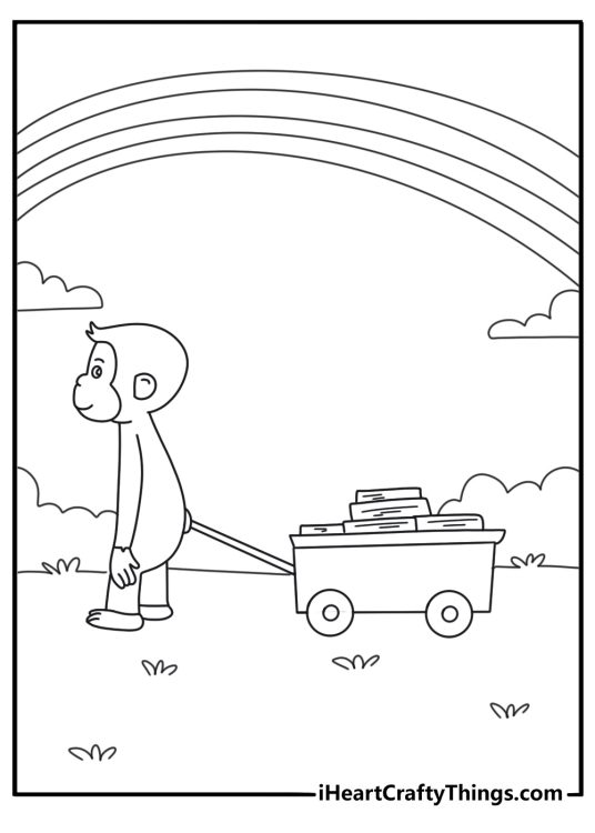 Printable coloring page of George pulling a wagon full of books