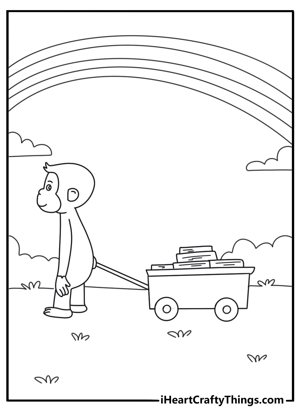 Printable coloring page of George pulling a wagon full of books