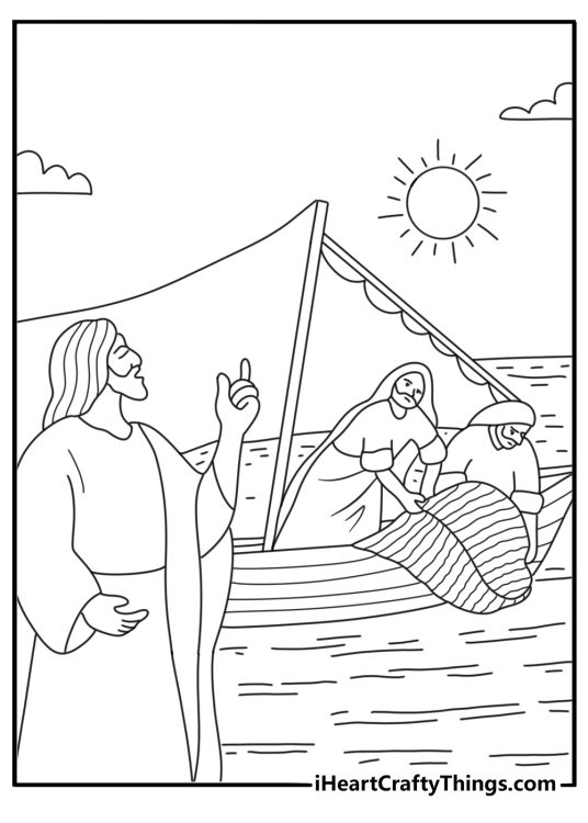 Printable coloring page of Jesus calling fishermen by their nets