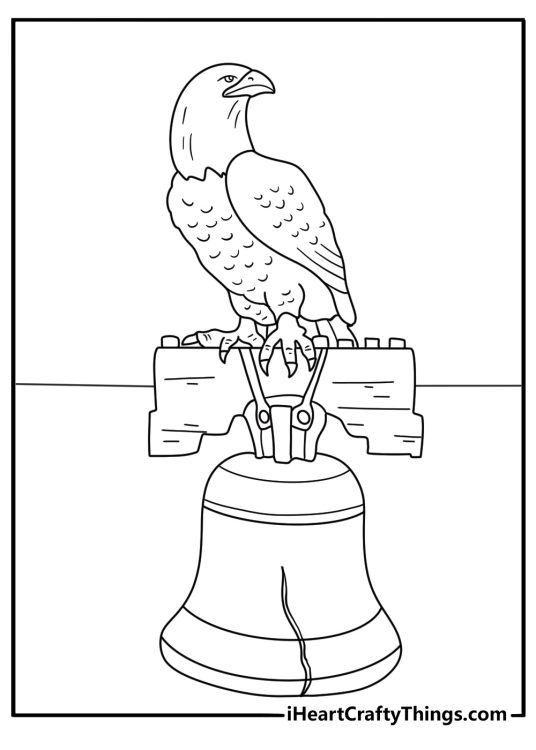 Printable coloring page of a bald eagle beside the Liberty Bell