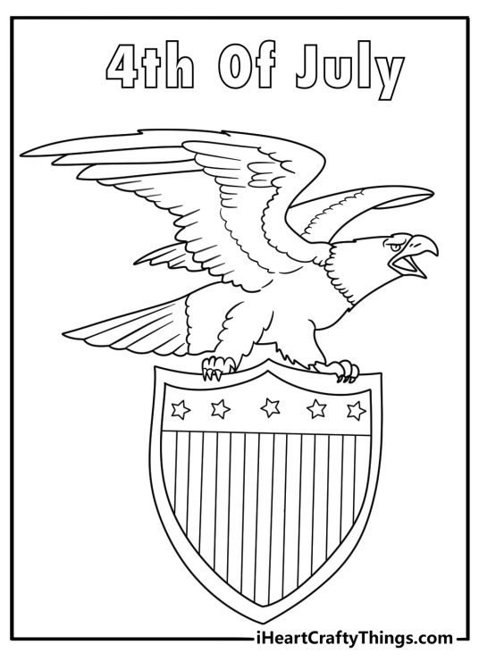 Printable coloring page of a bald eagle perched on a shield