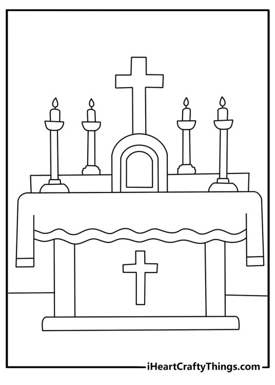 Printable coloring page of a cross and candle on an altar