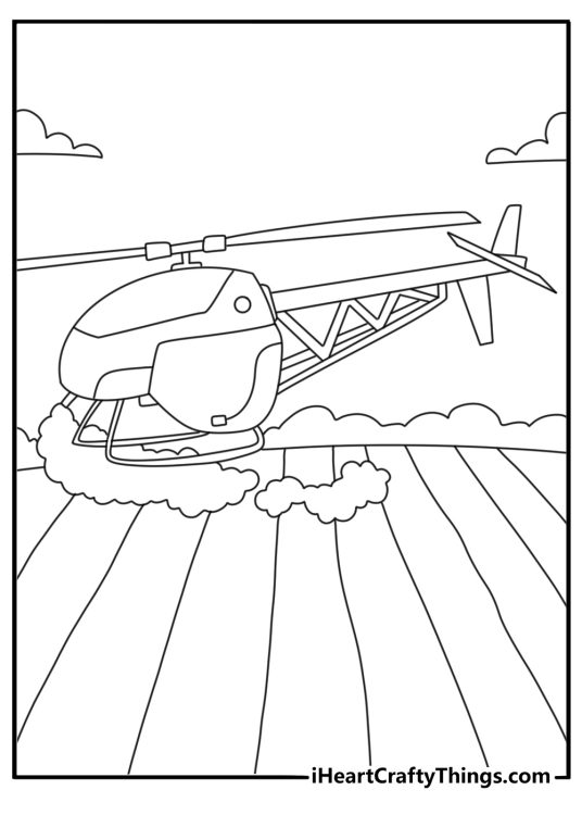 Printable coloring page of a farm helicopter spraying crops over long fields
