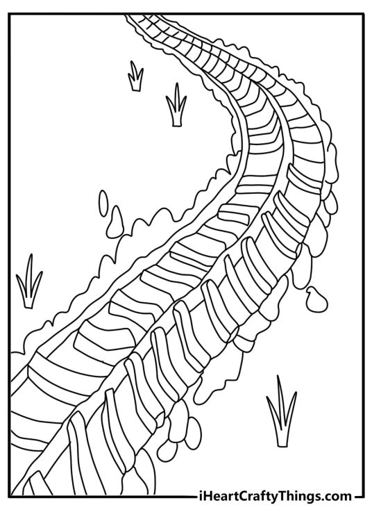 Printable coloring page of a motorcycle tire leaving tracks in mud