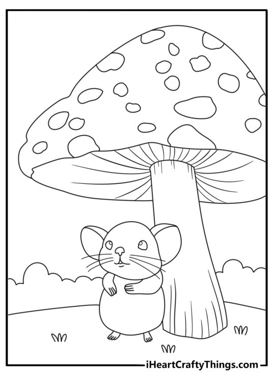 Printable coloring page of a mouse under a mushroom cap