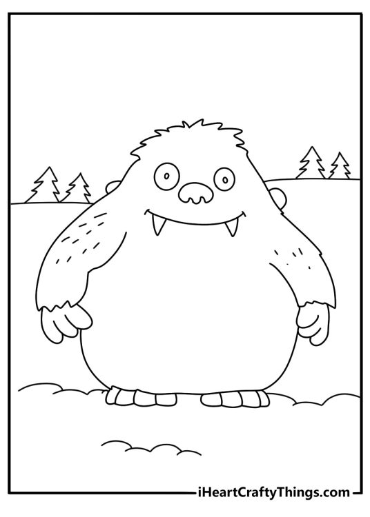 Printable coloring page of a snow monster walking through pine trees