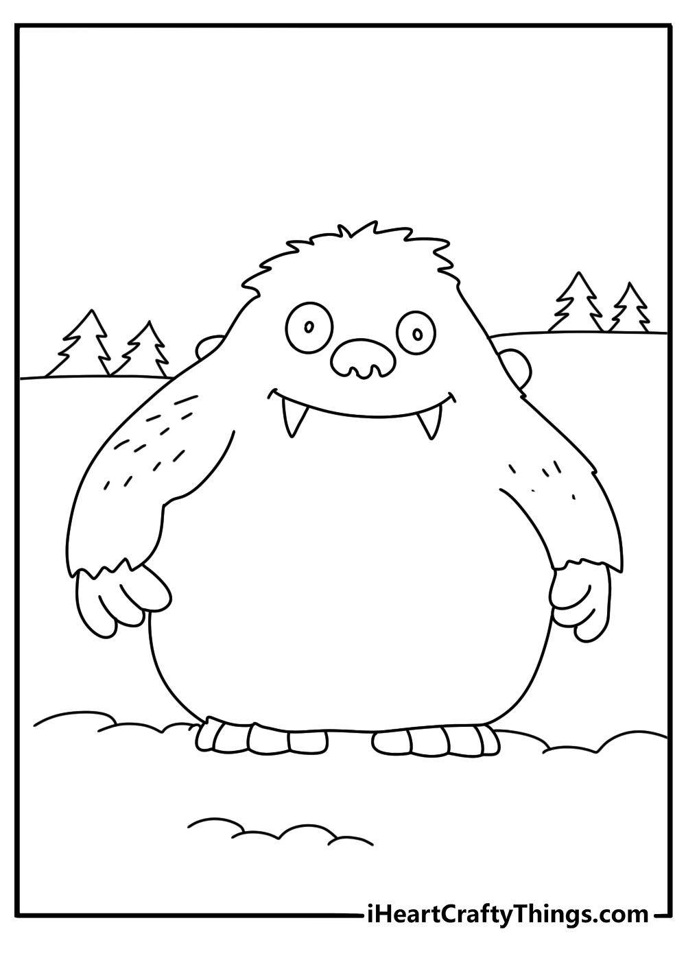 Printable coloring page of a snow monster walking through pine trees