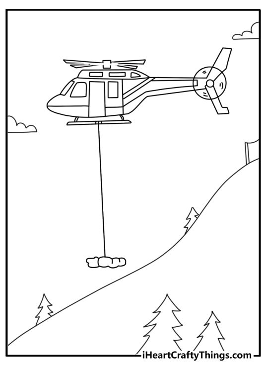 Printable coloring page of a snow rescue helicopter over a ski slope