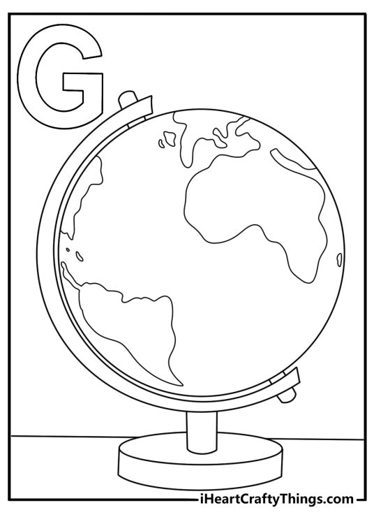 Printable coloring page of letter G with a globe on a desk