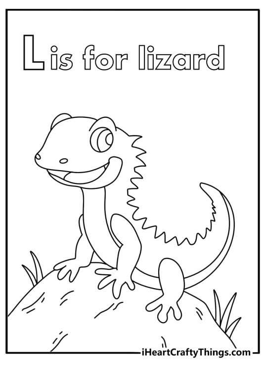 Printable coloring page of the letter L with a lizard on a rock
