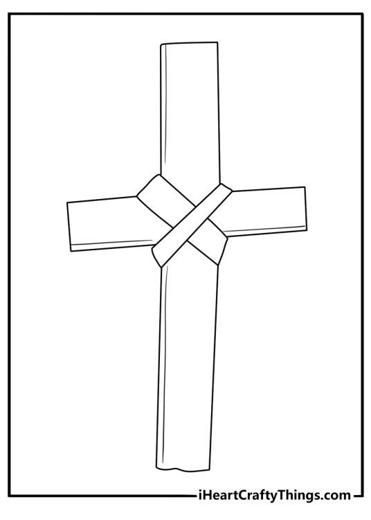 Printable cross coloring page with a cross made of palm leaves