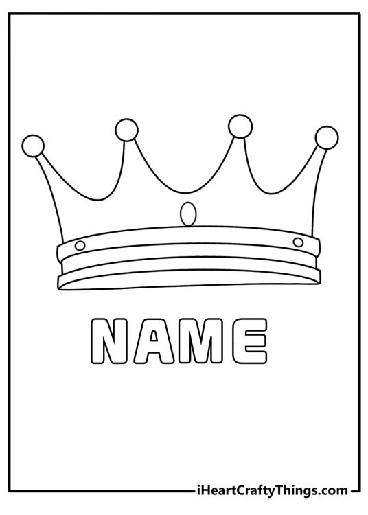 Printable crown coloring sheet with a baby crown above a name plaque