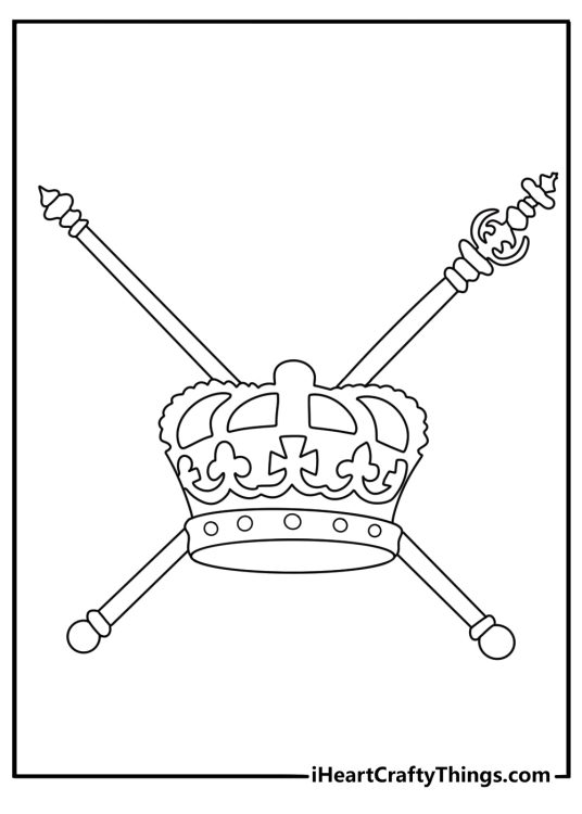 Printable crown coloring sheet with a medieval crown above crossed banners