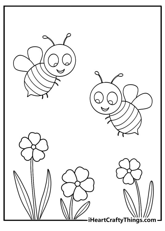 Printable cute bee coloring pages scene with two baby bees in a garden