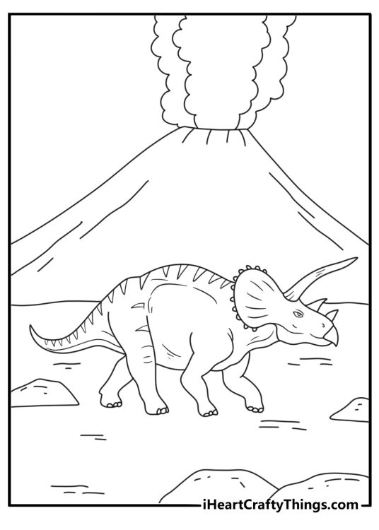 Printable dinosaur coloring page showing a triceratops near a volcano