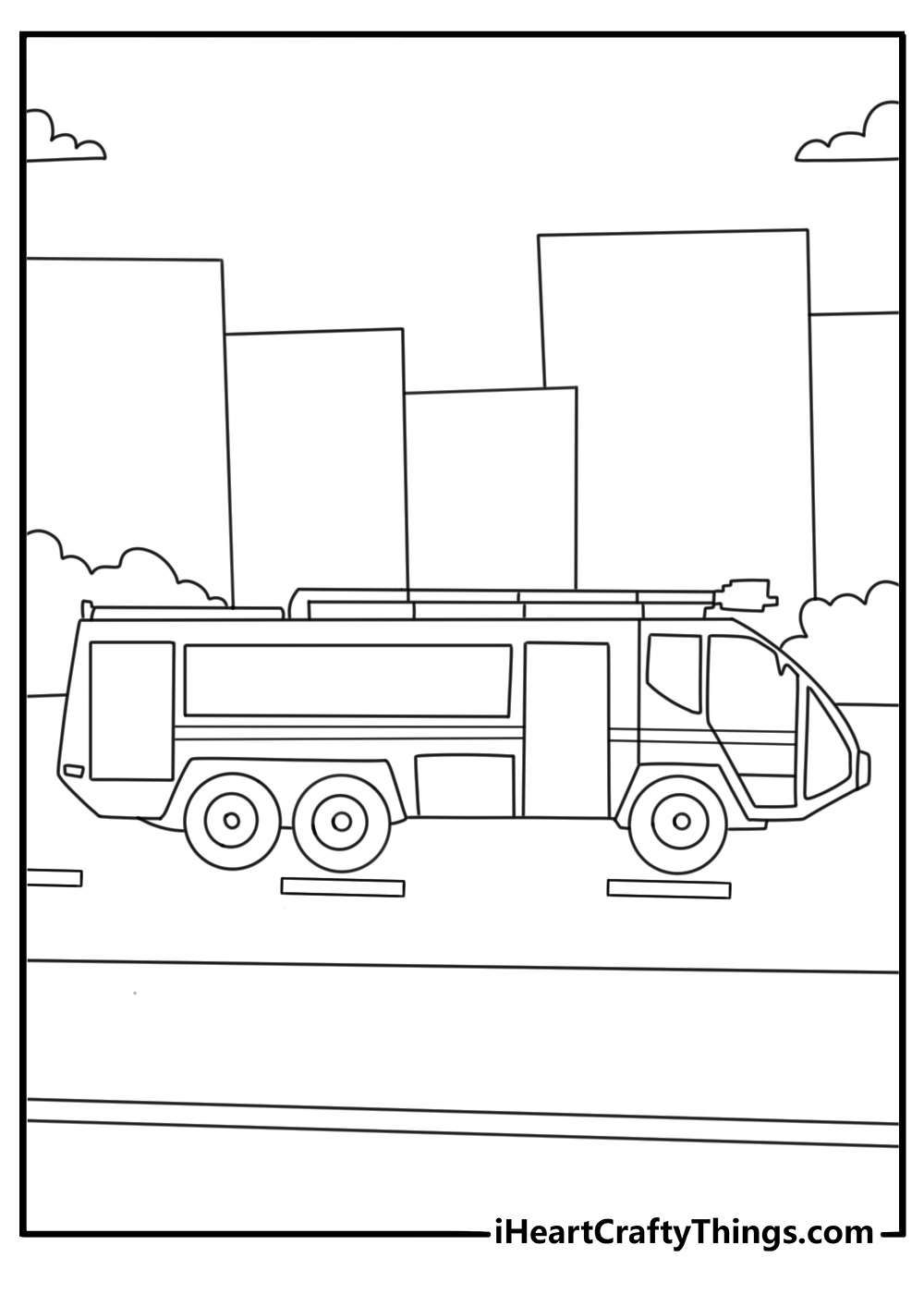 Printable fire truck coloring page with airport crash truck near runway
