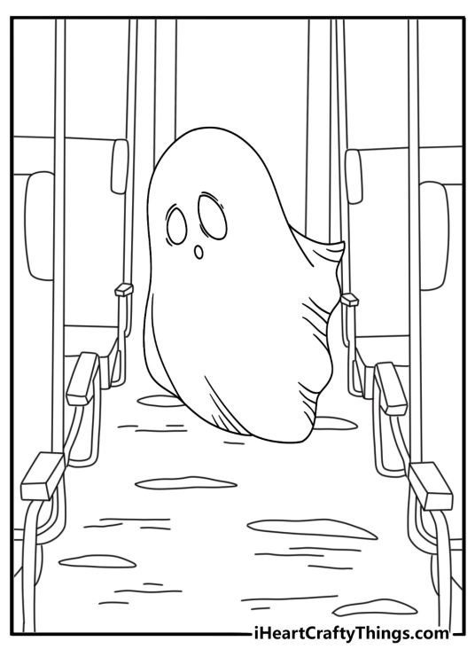 Printable ghost coloring page showing a spirit inside a dusty train car