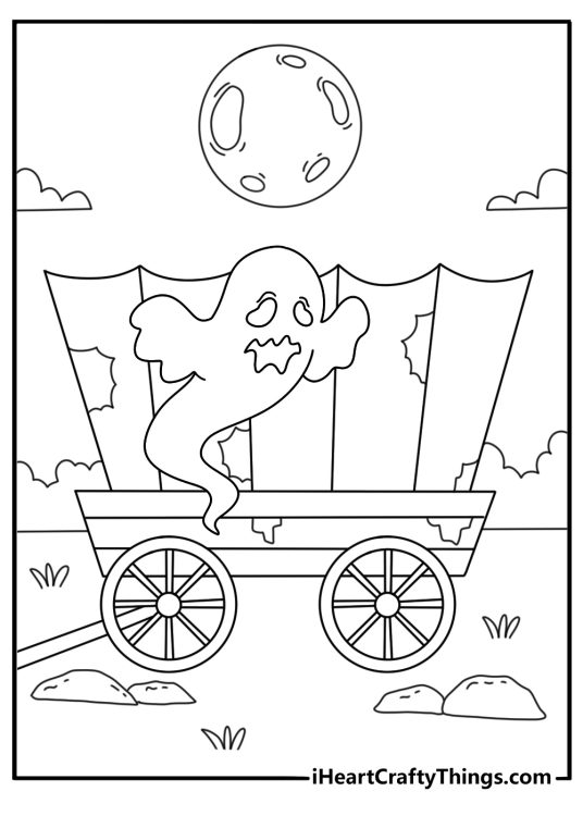Printable ghost coloring page with a spirit beside an abandoned wagon