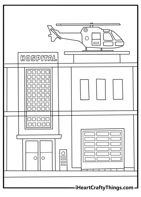 Printable helicopter coloring page with a medical helicopter landing near a hospital