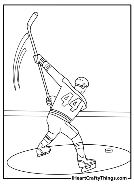 Printable hockey coloring sheet featuring a player taking a slap shot