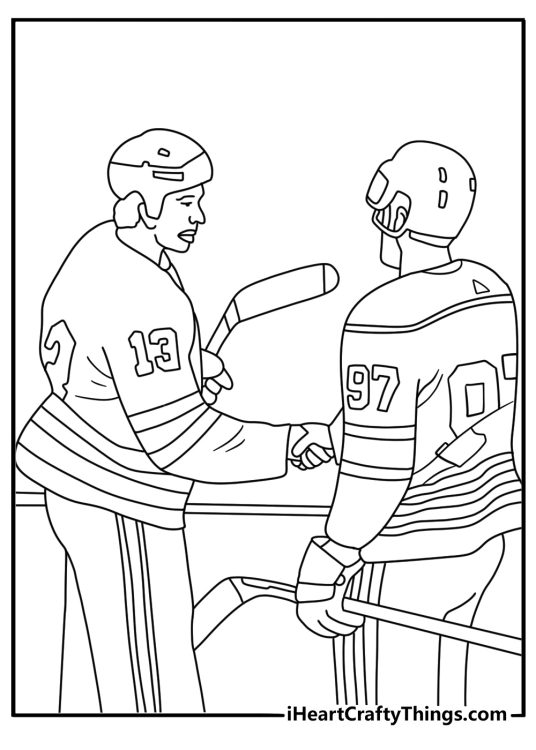 Printable hockey coloring sheet showing players shaking hands after a playoff series