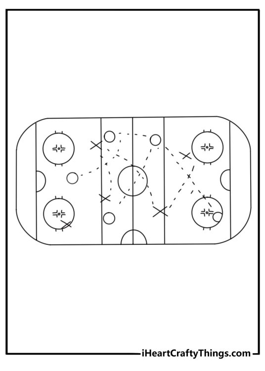 Printable ice hockey page showing a coach drawing plays on a board