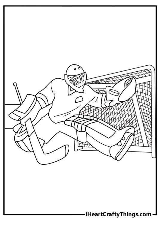 Printable ice hockey scene showing a goalie catching the puck with a glove